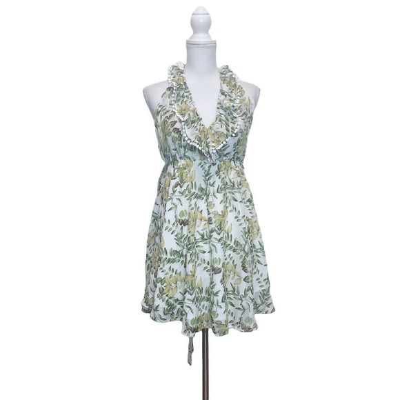 Angel Biba Tropical Leaves Print Halter Mini Dress Sz 12 Backless Open Back - Picture 1 of 6